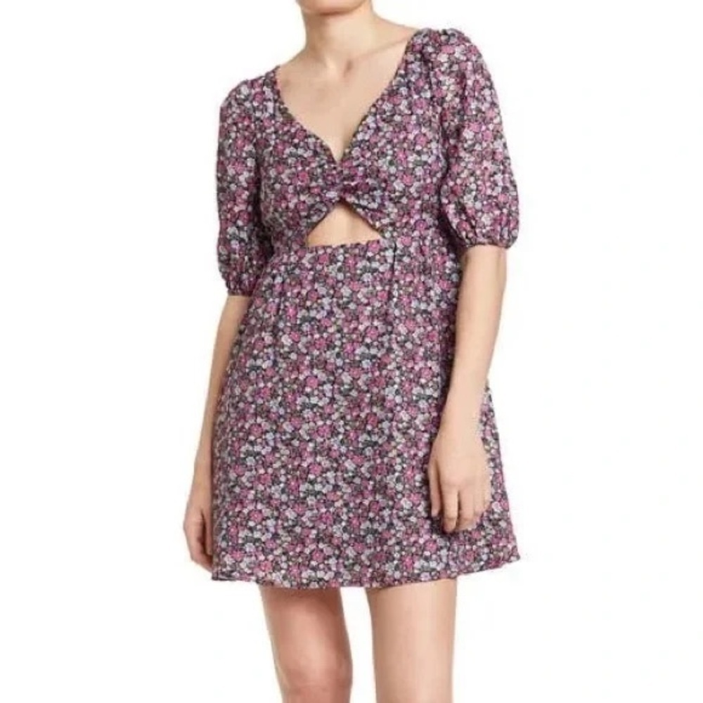 New NSR Delphine Dress Black Pink Floral Mini Waist Cut Out Sz XS